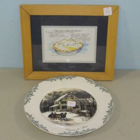 Currier and Ives Plate, Coleen Carlson Print, Six Amber Glasses and a Purple Decanter without Stopper