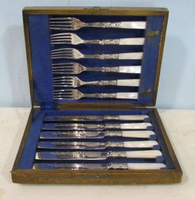 Fitted Boxed Set of Mother Of Pearl Handled Dessert Forks and Knives