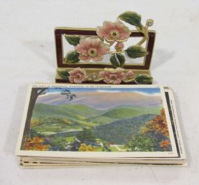 Enamel Card Holder with Approximately Thirty-Five Vintage Postcards