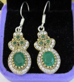 Drop Earrings with Brilliant Clear Stones and Emerald Colored Stones