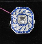 Square Cut Clear Stone with Blue Enameled Accents in a Silvertone Setting