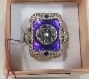 Large Round Clear Stone with Accents of Purple Enamel in a Silvertone Setting