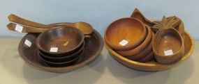 Billings, Missouri Burled Walnut Bowl and Three Smaller Bowls with a Wooden Bowl and Matching Six Wooden Bowls, Salad Utensils, Pineapple Hors d'oeuvre Dish and Bowl