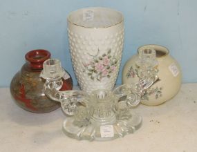 Hand Crafted Pottery Vase, a Lenox Global Serenade Vase, a Lefton China Vase and a Double Light Crystal Candlestick