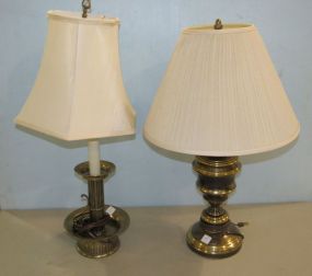 Two Brass Plated Lamps One in a Chamberstick Style Form