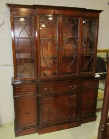 Mahogany Breakfront with Four Upper Glass Doors, Six Drawers and Two Lower Cabinet Doors and a Drop Down Desk