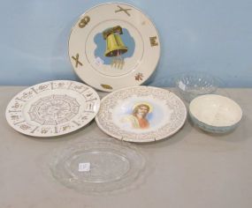 Turquoise Bowl, Clear Bowl, Avon Bicentennial Plate, Crookesville Jesus Plate, 1967 Calendar Plate with Zodiac, American Ceramic and Industries Plate with Soldiers