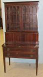 Mahogany Inlaid Two Piece Secretary with Tambour Doors and Lower Drawers