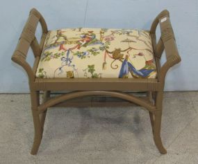 Painted Tan Rattan Bench with Upholstered Seat