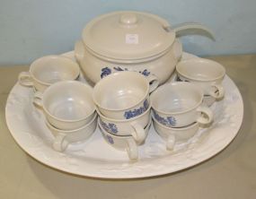 Pfaltzgraff Yorktowne Soup Tureen with Lid and Eleven Matching Mugs and a Plastic Ladle with a White Oval Platter
