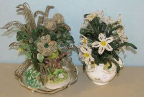 Beaded Flowers with Bird in a Silverplate Dish and a Beaded Flower Arrangement in a Milk Glass Bowl