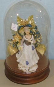 Glass Dome with Wooden Base with a Victorian Porcelain Lady and Beaded Flowers