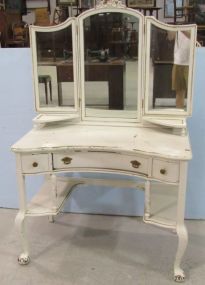 Painted Vanity With Claw Feet and Trifold Mirror