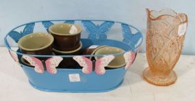 Pink Pressed Glass Pitcher and Six Pottery Ramkins with a Painted Butterfly Accented Tin Bin