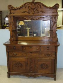Antique Oak Mirrored Top Server Buffet with Barley Twist Accents