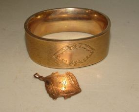 Gold Filled Etched Hinged Bracelet and a Fob with Inscription W.F.C. Prepatory 1910 Scholarship