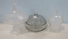 Two Lead Crystal Lidded Dishes and a Older Fruit Decorated Jar