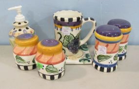 Vicki Carrol Ceramic Platter with Two Sets of Salt and Pepper Shakers, Soap Dispenser and a Mug and Trivet