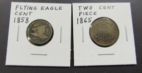 Flying Eagle Cent 1858 and a Two Cent Piece 1865