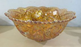 Imperial Carnival Glass Whirling Start Punch Bowl with Saw Tooth Edge and Ten Grape Marigold Punch Cups