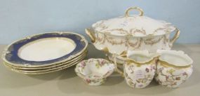 Theodore Haviland Tureen, T & V Creamer, Sugar and Finger Bowl, and Four Cobalt and Gilt Gumbo Bowls