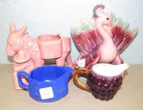 Pink Peacock Planter, Donkey Planter Lefton Grape Creamer and a Blue Creamer