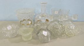 Pair of Double Light Candlesticks, a Cruet with a Chipped Stopper, Two Pairs of Creamers and Sugar Bowls, Glass Hat, Pair of Vases, Crystal Ice Tub and a Decanter