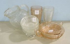 Hazel-Atlas Moderntone Ball Pitcher, a Pink and Clear Tumbler, a Handled Dish, a Pink Dish and Three Votive Holders