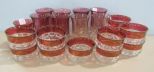 Ruby Flash Glass Tumblers and Eleven Berry Bowls with One Low Tumbler King's Crown Thumbprint