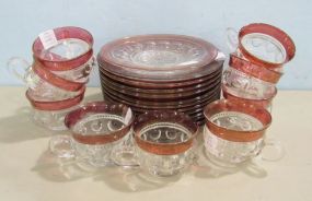 Ruby Flash Plates and Nine Cups in King's Crown Thumbprint Pattern