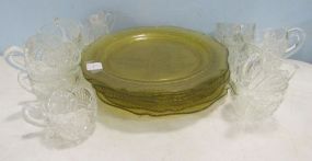 Six Amber Depression Glass Plates and Thirteen Punch Cups