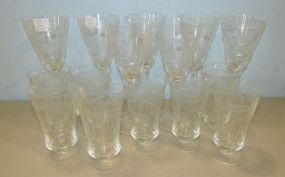 Eight Etched Low Stems and Seven Tall Wine Stems