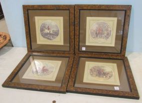 Six Hunt Prints Matted and Framed In Burl Style Frames