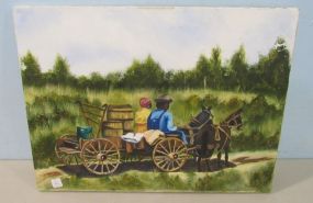 Rejean Signed Naive Style Oil Painting of Couple with Cart