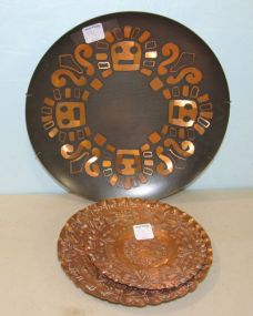 Copper Metal Plate Made in Chili and Two Aztec Copper Plates