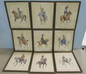 Nine Framed Prints of Soldiers on Horseback in Different Uniforms from the 19th Century
