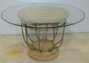 Glass Top Table with Metal and Wood Pedestal Base