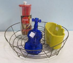 Coca Cola Straw Holder, Blue Cello Bottle, Glass Planter and a Wire Stand
