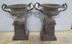 Pair of Iron Urns with Pedestal Bases
