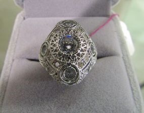 Clear Stone Cocktail Ring in Silvertone Filigree Setting