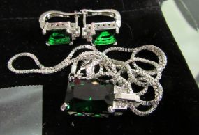 Rectangular Shape Emerald Cut Green Stone Earring and Necklace Set
