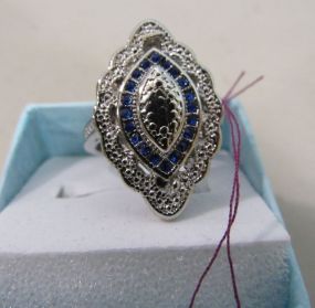 Marquis Shaped Silvertone Ring with Blue Enamel Accents