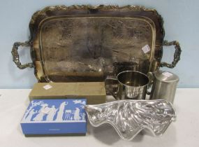 Rectangular Silverplate Tray with Handles, Wedgwood Henley Silverplate Napkin Rings, Pewter Shell, Pewter Stein, National Stainless Flatware and a Wild Bill's Cup