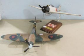 WWII Douglas Bader RAF Submarine Spitfire Model and a Mitsubishi JNAF A6M2 Zero Model on Stand