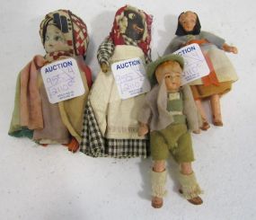 Miniature French Bisque Doll, Pair of German China Dolls, Wooden Doll Souvenir of Gulfport, Mississippi