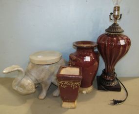Red Pottery Lamp without Shade, a Ceramic Rabbit Stand, Tall Red Pottery Vase and a Shorter Red Pottery Vase