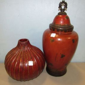 Red Pottery Urn with Lid and a Resin Onion Shaped Vase