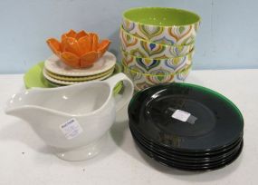 Four Lime Green Ceramic Plates, with Colored Pattern Bowls, Four Small Beaded Edge Plates, An Orange Pottery Votive Holder,Six Green Glass Plates and a Black Glass Plate
