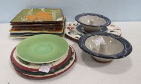 Pair of Pottery Apple Baking Dishes, Gail Pittman Egg Plate, Gail Pittman Trivet and Plate, Three Fall Pattern Ceramic Plates and Three Mox Cera Plates