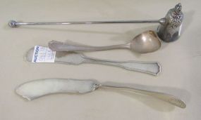Wallace Silverplate Candle Snuffer, Two Silverplate Butter Spreaders and a Damaged Silverplate Spoon
